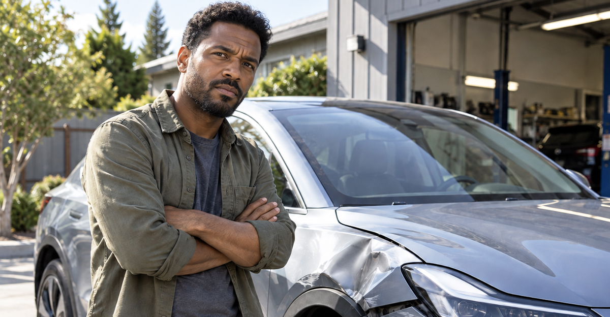 AI-generated image of a man worried about his foreign EV being totaled by insurance.