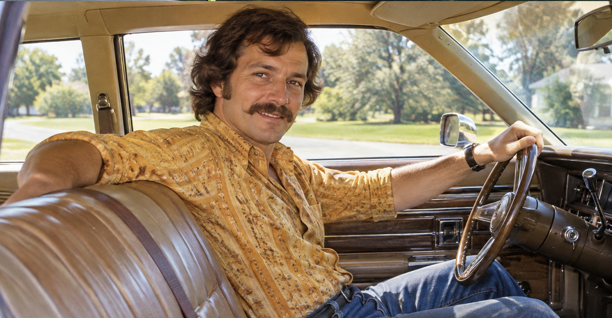 AI-generated image of a man sitting in a Chevrolet Caprice / Caprice Classic (1970–1979) with bucket seats.