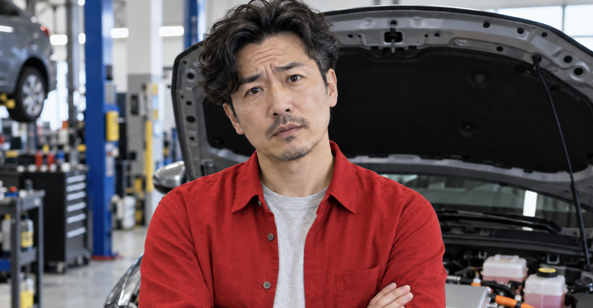 AI-generated image of a man worried about coolant for his hybrid car.