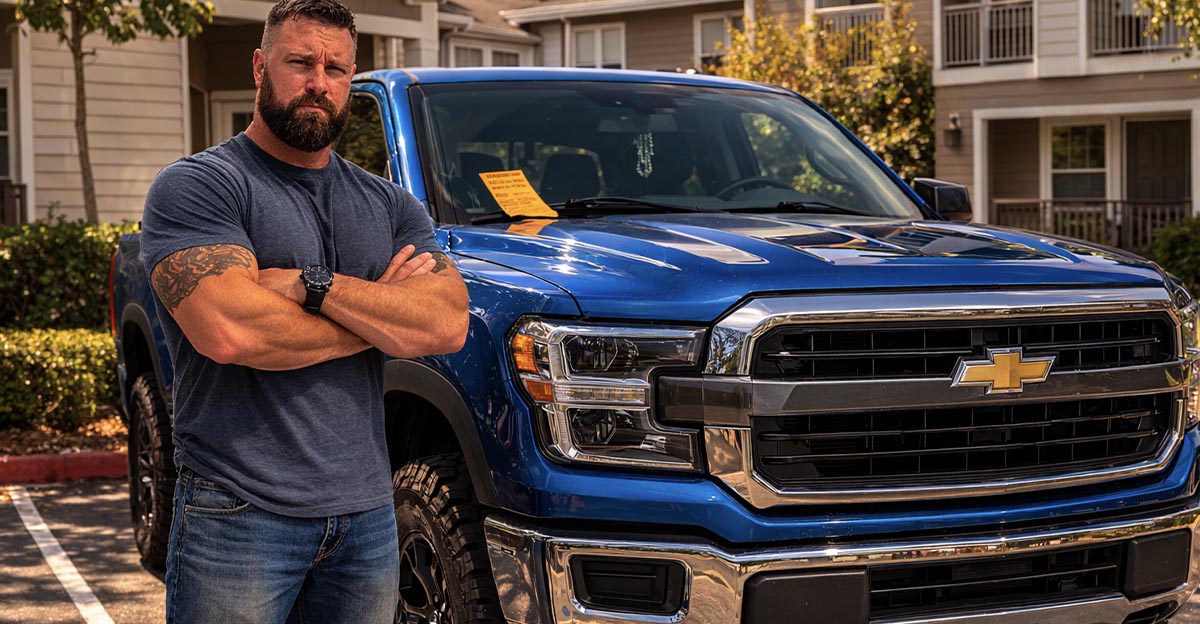 AI-generated image of man standing next to his truck with a parking violation notice on the windshield.