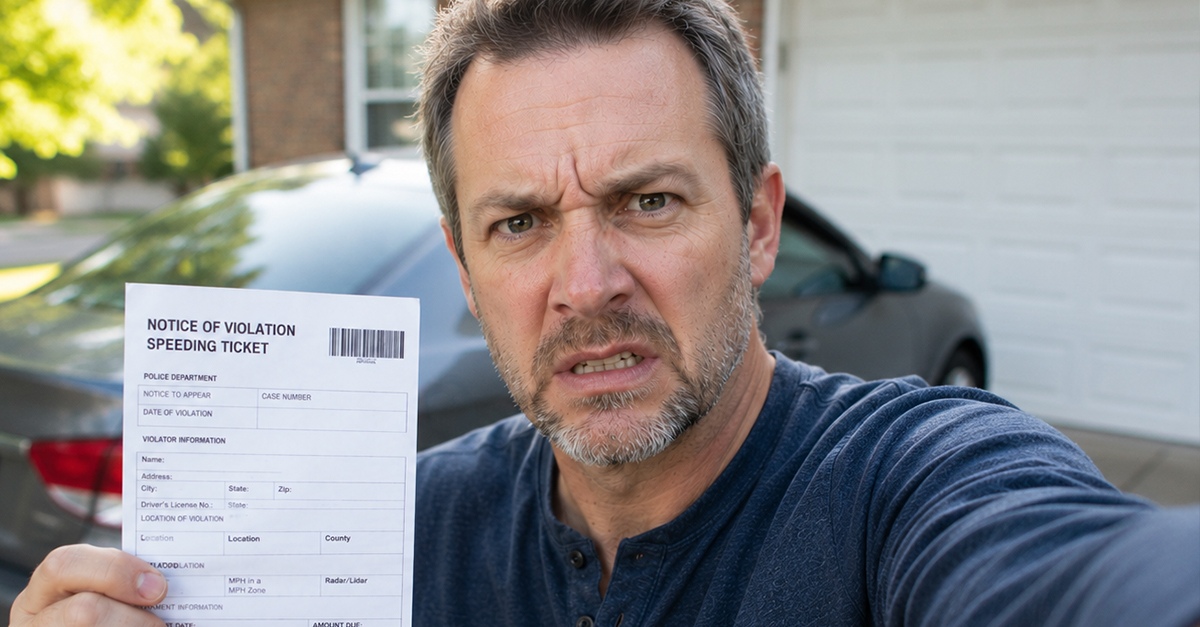 Angry man taking a selfie with a speeding ticket.