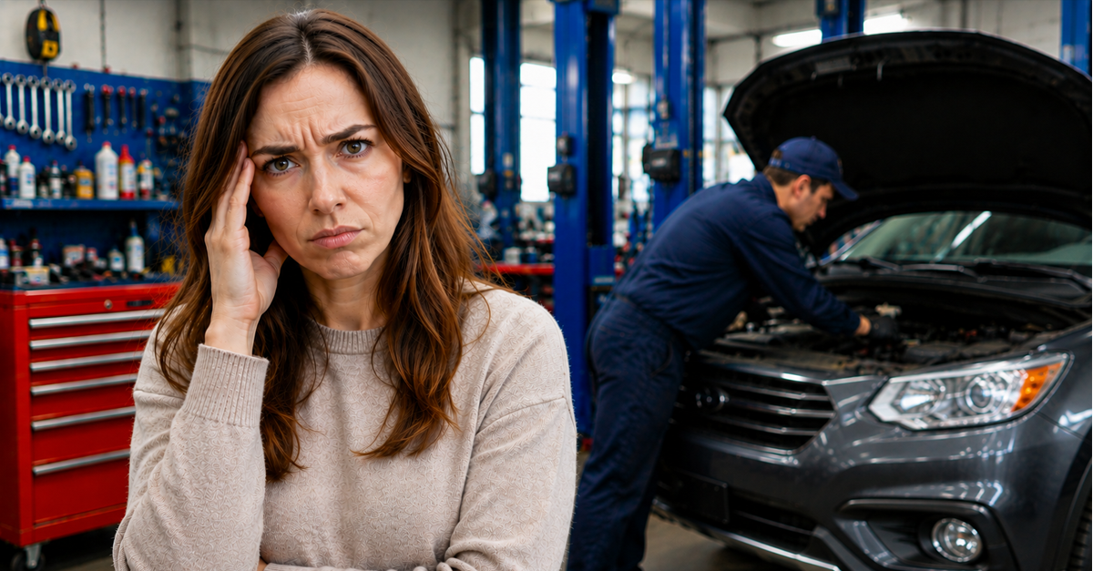 White woman standing in car repair shop