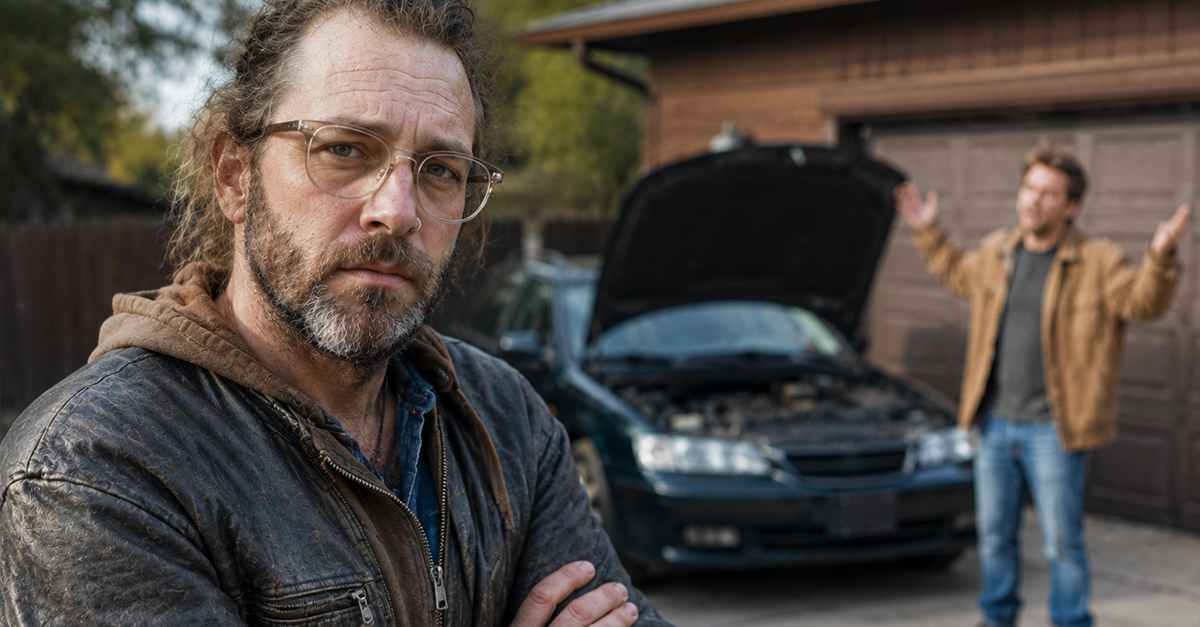 A disgruntled man stands in front of his broken-down car.