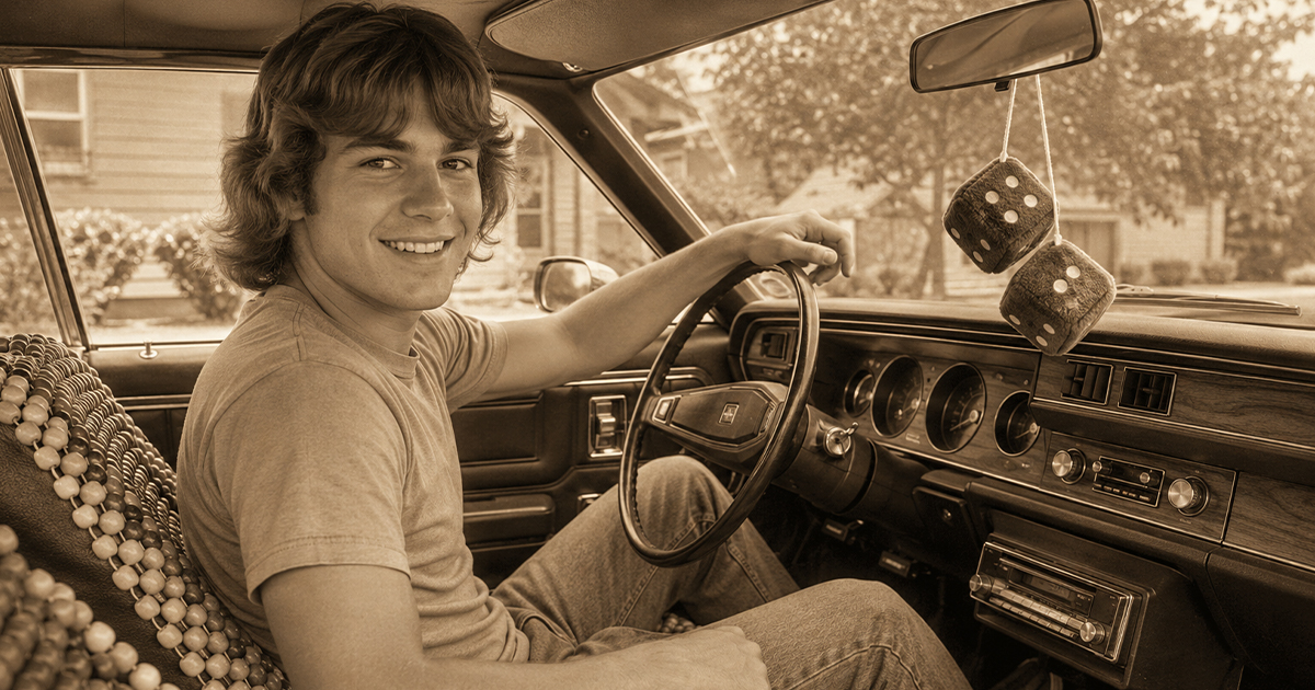 Old photo of a man sitting in a car