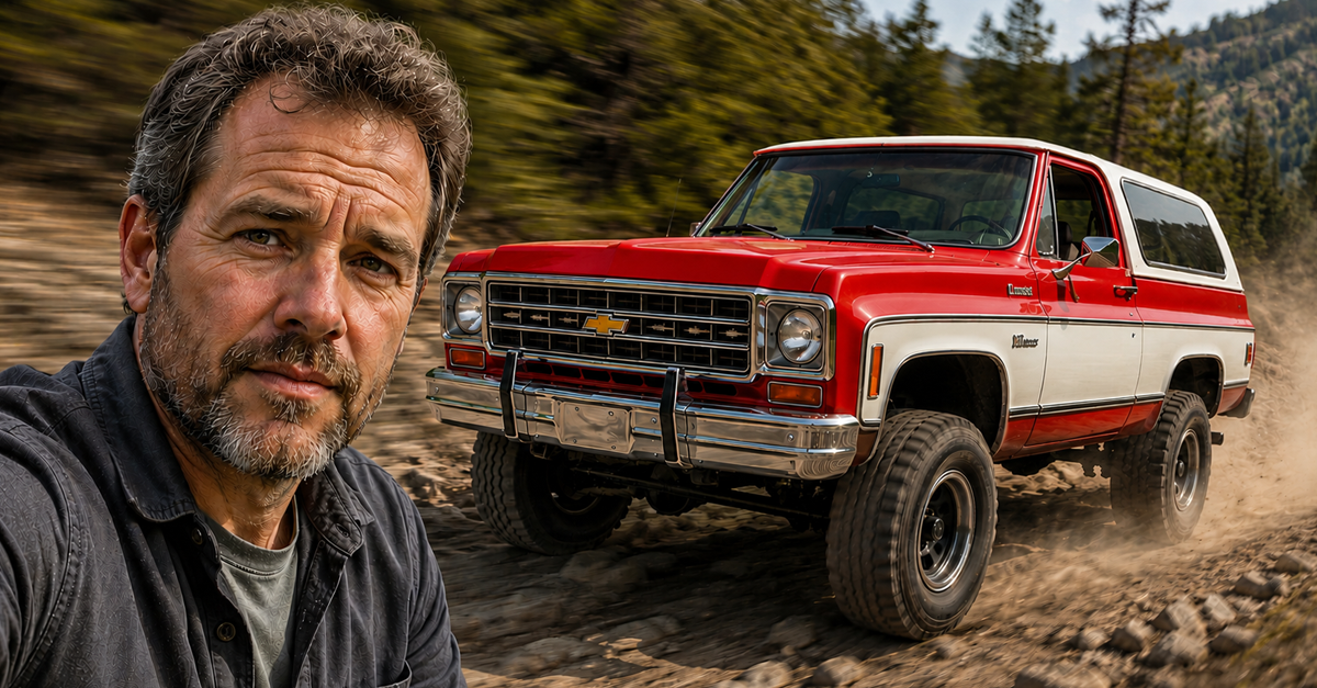 AI-generated man with a red and white Chevrolet K5 Blazer
