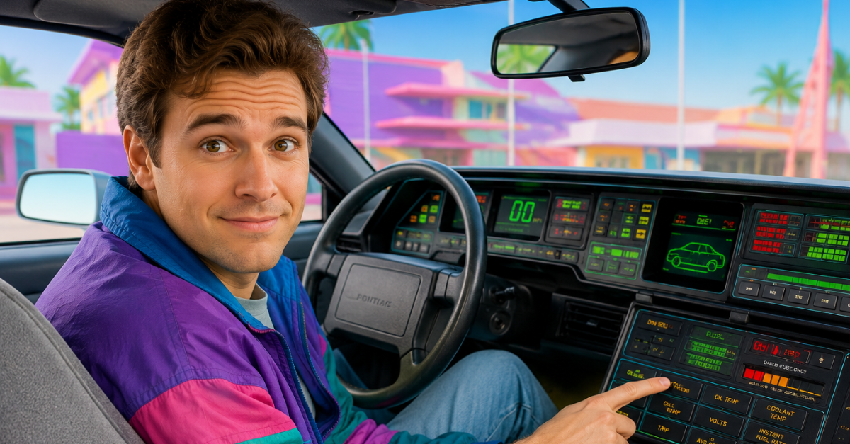 Retro-futuristic car with curious driver