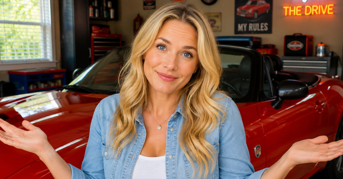 Woman in garage with a red convertible
