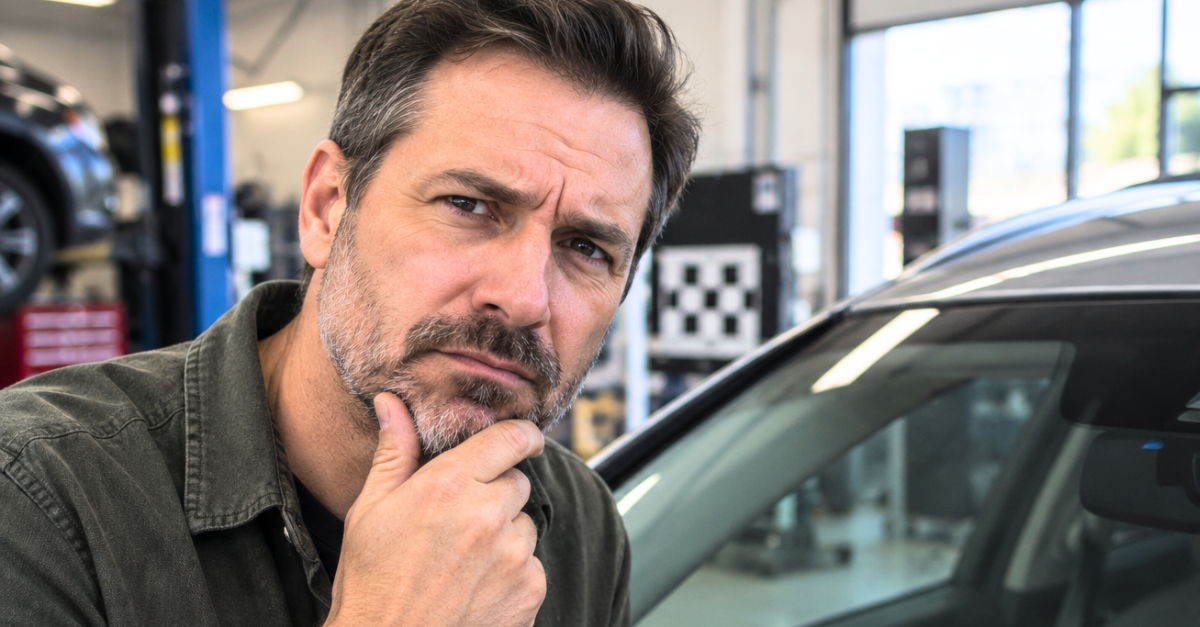 Concerned Technician Inspecting Windshield Chip