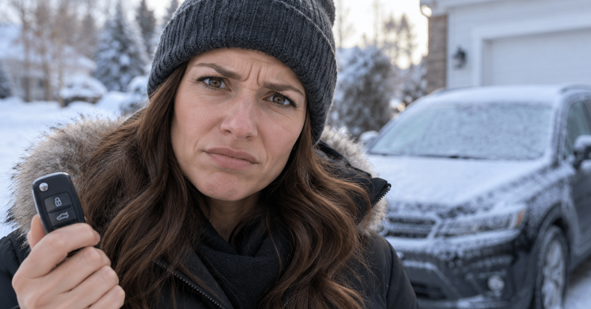 Frustrated woman in a driveway with a car in winter, holding a remote start keyfob